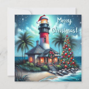Cartes Pour Fêtes Annuelles Whimsical Tropical Christmas Lighthouse Turquoise