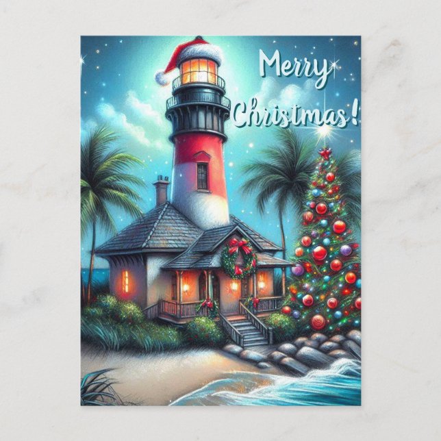 Cartes Pour Fêtes Annuelles Whimsical Tropical Christmas Lighthouse Turquoise  (Devant)