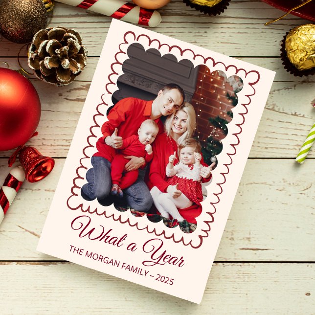Cartes Pour Fêtes Annuelles Whimsical What A Year Photo Collage Noël (whimsical christmas cards hand drawn xmas trendy doodle festive  red and green photo collage pink )