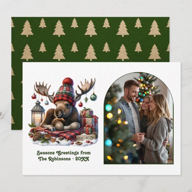 Cartes Pour Fêtes Annuelles Whimsical Woodland Moose Rustic Nordic Christmas (Devant / Derrière)