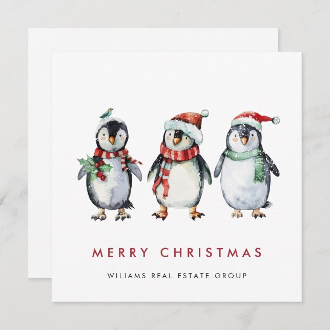 Cartes Pour Fêtes Annuelles Whimssical Père Noël Penguins Christmas Corporate (Devant / Derrière)