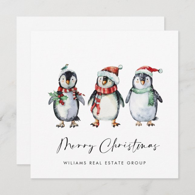 Cartes Pour Fêtes Annuelles Whimssical Père Noël Penguins Christmas Corporate (Devant / Derrière)