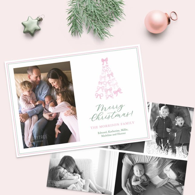 Cartes Pour Fêtes Annuelles Whimssical Rose & Green Bows Joyeux Noël Photo (Modern Preppy whimsical pink and green bows Christmas Tree Photo collage Holidays Card)