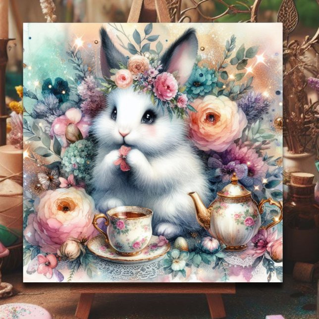 Cartes Pour Fêtes Annuelles Whimsstel Pastel Floral Pâques Bunny Tea Garden (Créateur téléchargé)