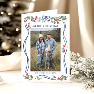 Cartes Pour Fêtes Annuelles Whimsy 5 Photo Dusty Blue Christmas Bow Ribbon