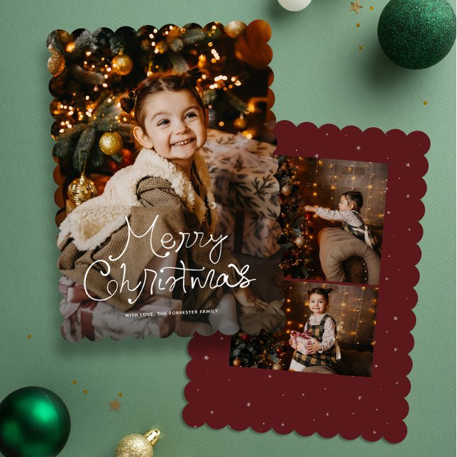 Cartes Pour Fêtes Annuelles Whimsy script Merry Christmas three photo red (Créateur téléchargé)