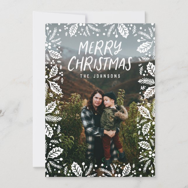Cartes Pour Fêtes Annuelles Whimsy White Holly Photo de la frontière Noël (Devant)