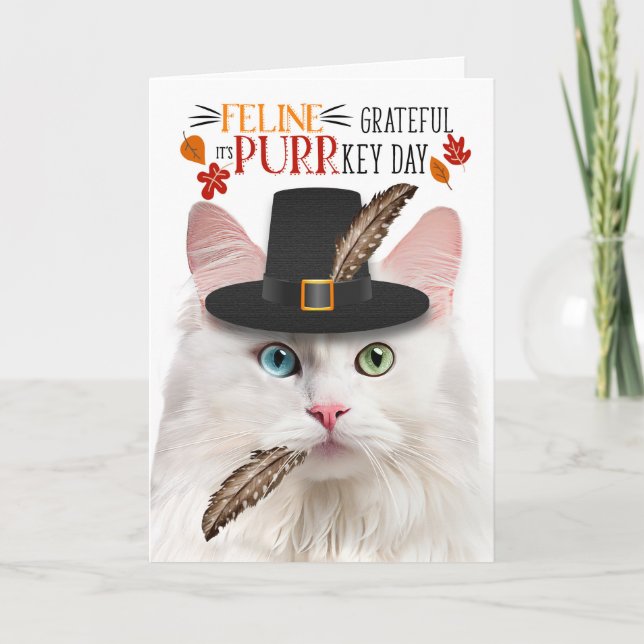 Cartes Pour Fêtes Annuelles White Angora Cat Feline Grateful pour PURRkey Day (Devant)