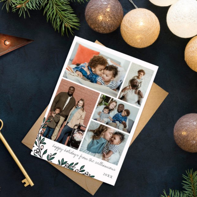 Cartes Pour Fêtes Annuelles White Berry Sprigs Photo Collage Happy Holidays (Créateur téléchargé)