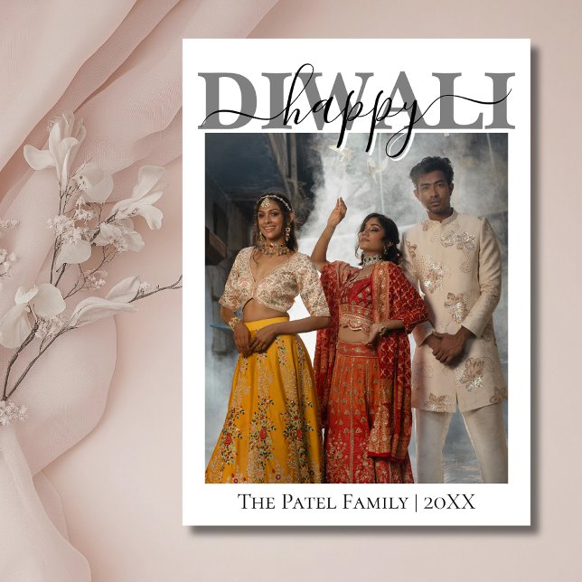 Cartes Pour Fêtes Annuelles White Calligraphy Photo Happy Diwali Greeting (Créateur téléchargé)