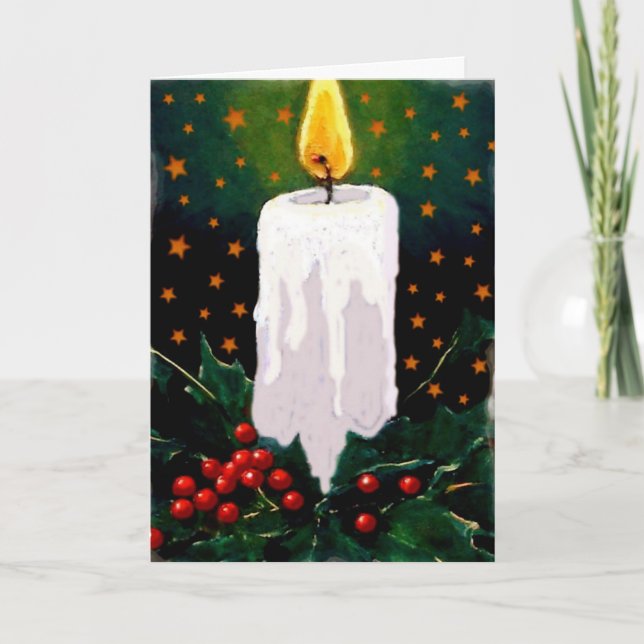 Cartes Pour Fêtes Annuelles White Candle, Holly Berries, Stars: Christmas (Devant)