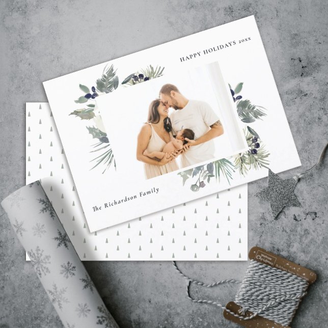 Cartes Pour Fêtes Annuelles White Dusky Green Christmas Foliage Photo Happy (Créateur téléchargé)