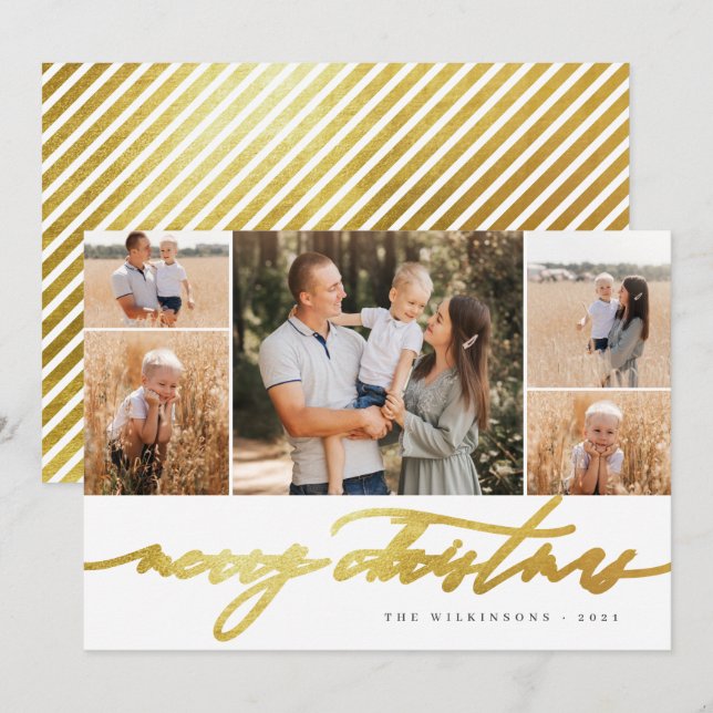 Cartes Pour Fêtes Annuelles White Gold Script 5 Photo Collage Joyeux Noël (Devant / Derrière)