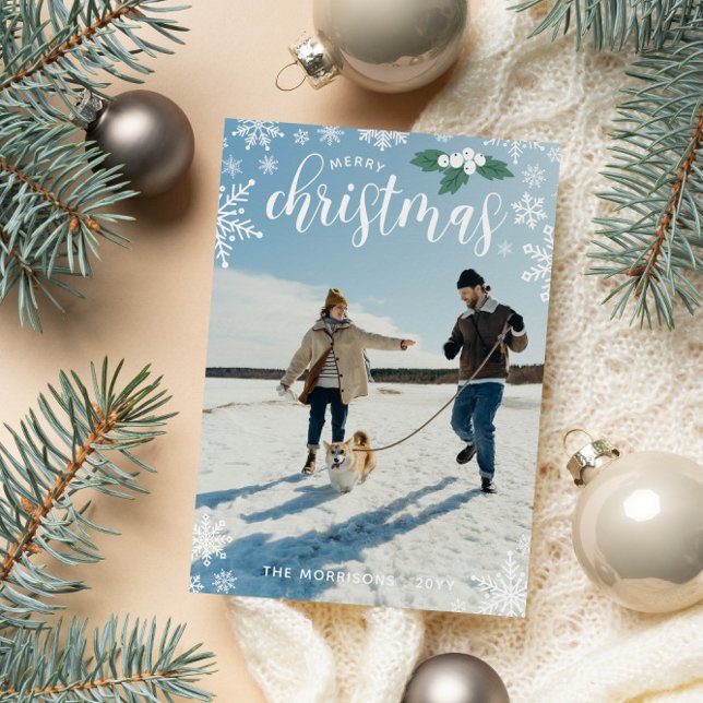 Cartes Pour Fêtes Annuelles White Holly Snowflakes Joyeux Noël Photo (Créateur téléchargé)