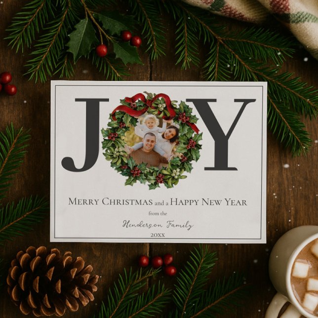 Cartes Pour Fêtes Annuelles White Joy Christmas Wreath Photo (White Joy Christmas Wreath Photo Holiday Card)