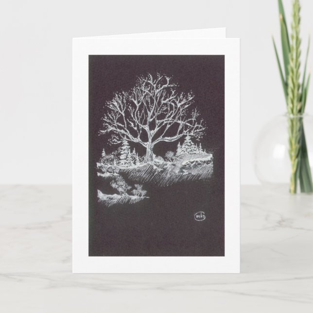 Cartes Pour Fêtes Annuelles White on Black Winter Landscape Drawing (Devant)