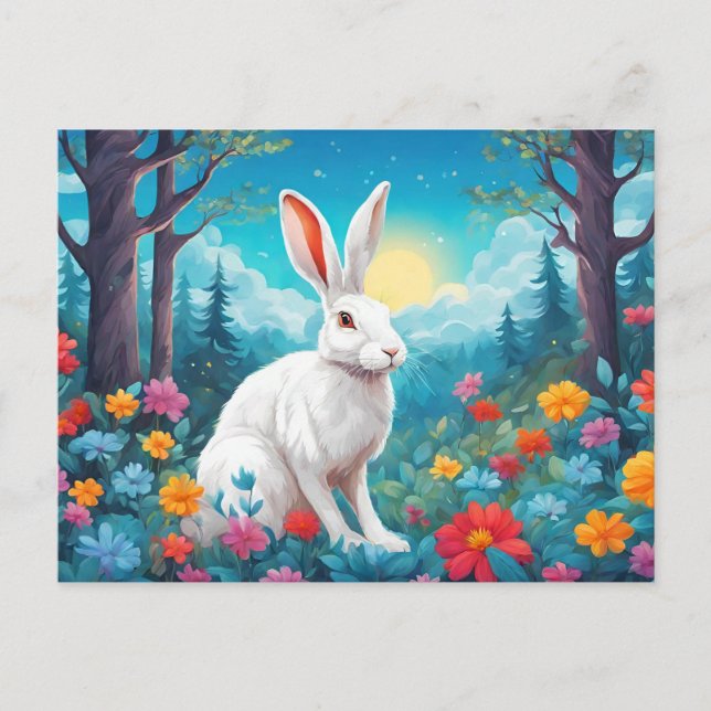 Cartes Pour Fêtes Annuelles White Rabbit with Forest Flowers Nature  (Devant)