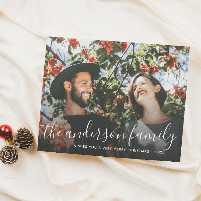 Cartes Pour Fêtes Annuelles White Script Nom de famille Christmas Holiday Phot (Créateur téléchargé)