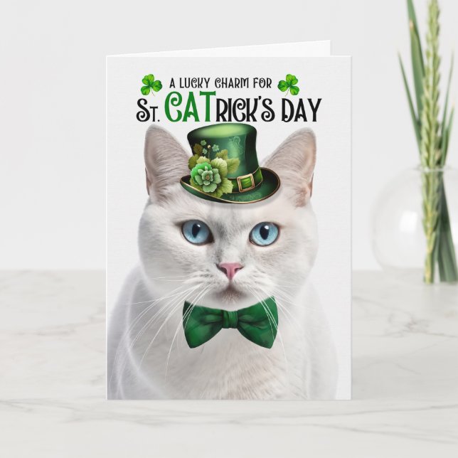 Cartes Pour Fêtes Annuelles White Short Haired Chat St CATrick's Day (Devant)