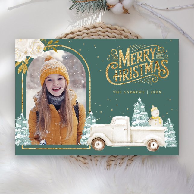 Cartes Pour Fêtes Annuelles White Truck Snowman Gold Photo de Noël Turquoise (Créateur téléchargé)
