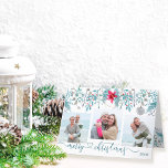 Cartes Pour Fêtes Annuelles Winter Foliage 3 Photo Elegant Script Holiday Card<br><div class="desc">Personalized christmas card with 3 photos and elegant script typography. Watercolor design with poinsettia and winter foliage in shades of blue grey and tidewater green. The photo template will automatically display your photos in square format. You can also add the year to the front and a custom message inside.</div>