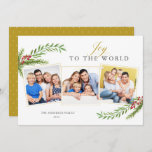 Cartes Pour Fêtes Annuelles Winter Greenery Minimum 3 photo Joy To The World<br><div class="desc">This photo collage Christmas card offers a stylish minimum design accented with water color Christmas greens. Les appels "Joy To The World" dans un script gold.</div>