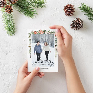 Cartes Pour Fêtes Annuelles Winter Holly Berries & Floral Photo Holiday Card