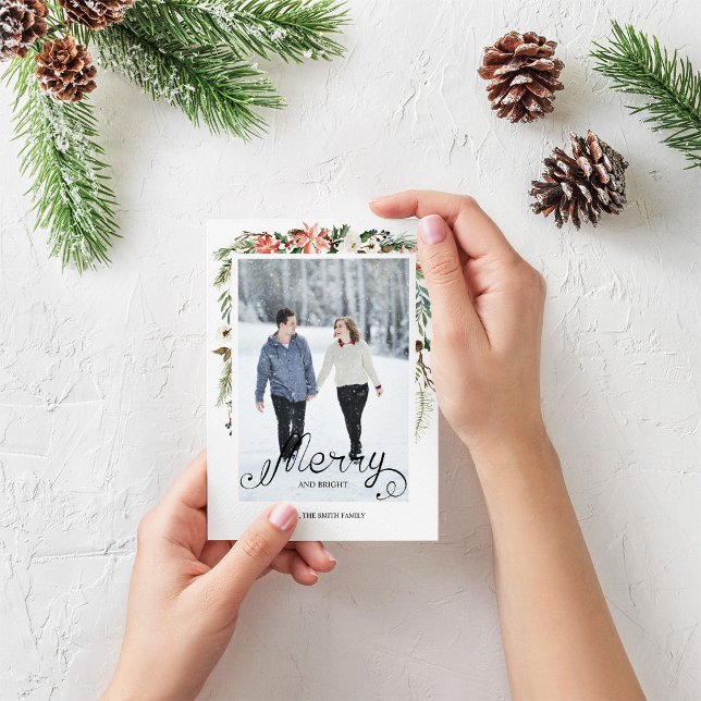 Cartes Pour Fêtes Annuelles Winter Holly Berries & Floral Photo Holiday Card (Créateur téléchargé)