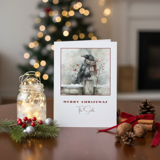 Cartes Pour Fêtes Annuelles Winter Raven Crow Christmas Card with Cozy Scarf