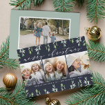 Cartes Pour Fêtes Annuelles Winter Sage Multi Photo Holiday Card avec photo ar<br><div class="desc">Élégant carte photo de vacances dispose d'une bordure de feuillage peint à la main vert pâle sur un riche arrière - plan bleu minuit. Ajoutez trois de vos photos carrés préférées alignées côte à côte. "Joyeux Noël" apparaît en haut dans la calligraphie moderne chic lettering. Personnalisez avec votre salutation personnalisée...</div>