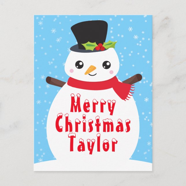 Cartes Pour Fêtes Annuelles Winter Snowman Bright Blue Joyeux Noël (Devant)