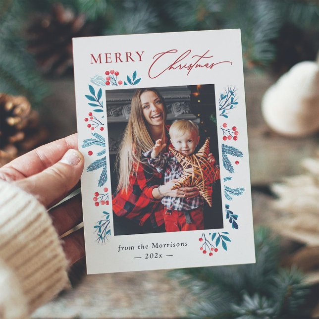 Cartes Pour Fêtes Annuelles Winter Teal Leaves Floral Berries Christmas Photo (Créateur téléchargé)