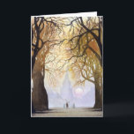 Cartes Pour Fêtes Annuelles Winter tree tunnel<br><div class="desc">A beautiful winter landscape looking through a tree-tunnel of bar trees to some people and a distant village church and the sun through A great Christmas card.</div>