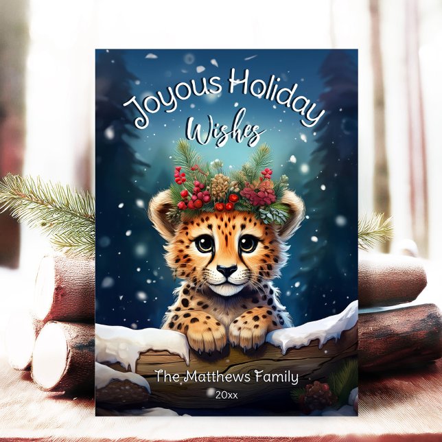 Cartes Pour Fêtes Annuelles Winter Wonderland Cheetah Cub Joyeux Noël (Adorable Winter Snowy Scene With Peeking Dogs or Farm/Woodland Animals - Over 50 to Choose From!)