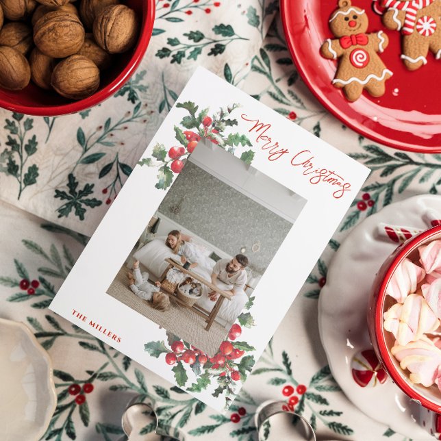 Cartes Pour Fêtes Annuelles Winterberry Holly | Joyeux Noël | Photo de famille (Créateur téléchargé)