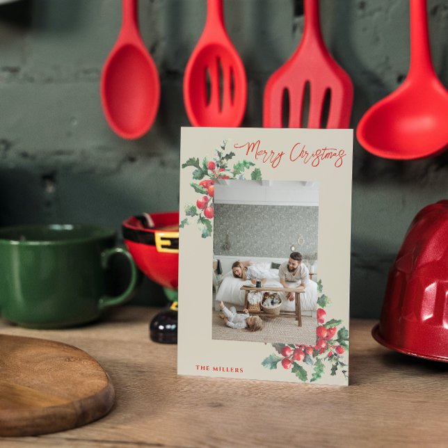 Cartes Pour Fêtes Annuelles Winterberry Holly | Joyeux Noël | Photo de famille (Créateur téléchargé)