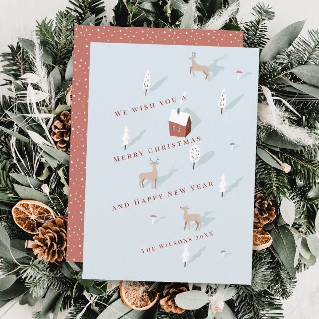 Cartes Pour Fêtes Annuelles Winterscape Red House & Deer Light Blue Christmas (Créateur téléchargé)