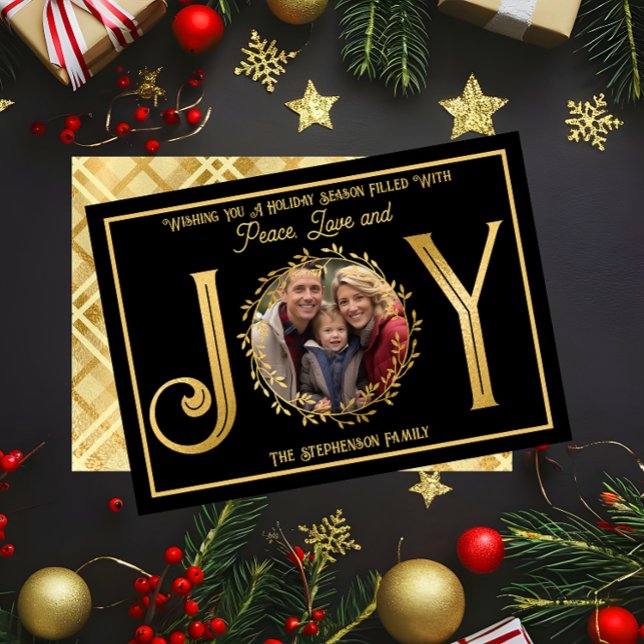 Cartes Pour Fêtes Annuelles Wishing You Holiday Season Peace Love and Jove ("Wishing You A Season ... Peace Love and Joy" Faux Foil Photo Black Christmas Holiday Flat Card )