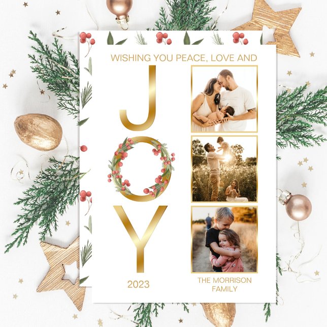 Cartes Pour Fêtes Annuelles Wishing You Peace Love and Jove 3 Photo Noël (Faux gold foil "Wishing You Peace, Love and JOY" Christmas Holiday Three-Photo Card--downloadable)