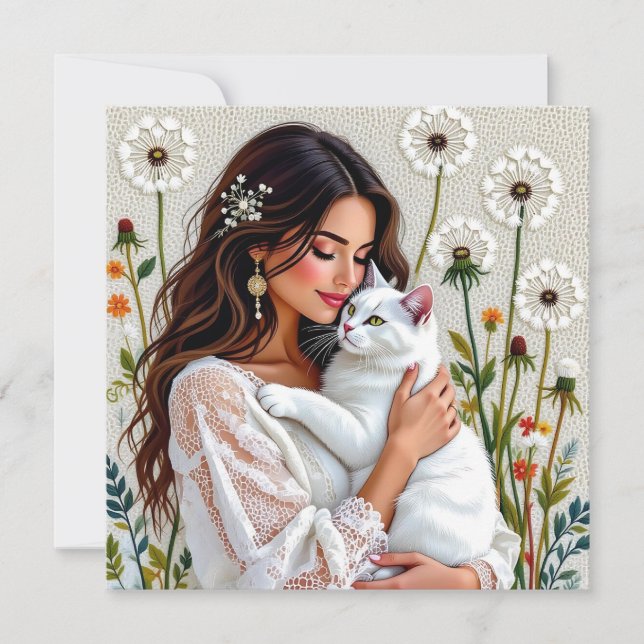Cartes Pour Fêtes Annuelles Woman and White Cat and Dandelions  (Devant)