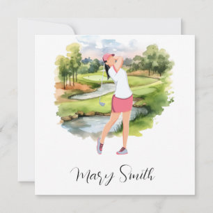 Cartes Pour Fêtes Annuelles Woman Golfer est golfeuse sur terrain de golf aqua