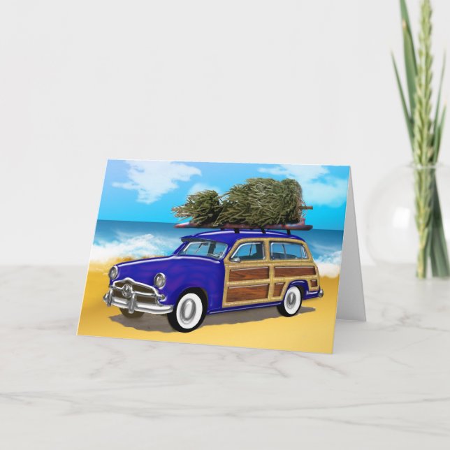 Cartes Pour Fêtes Annuelles Woodie de surf avec sapin de Noël (Devant)