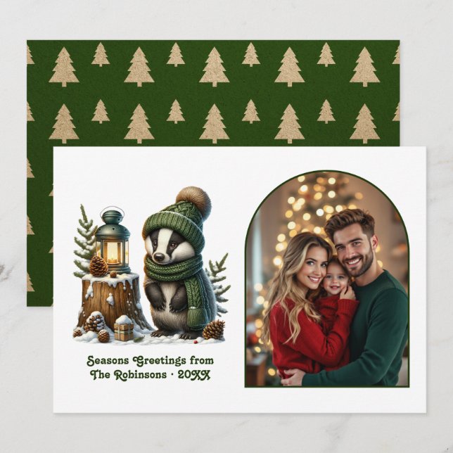 Cartes Pour Fêtes Annuelles Woodland Badger Cozy Forest Christmas Magic Photo (Devant / Derrière)