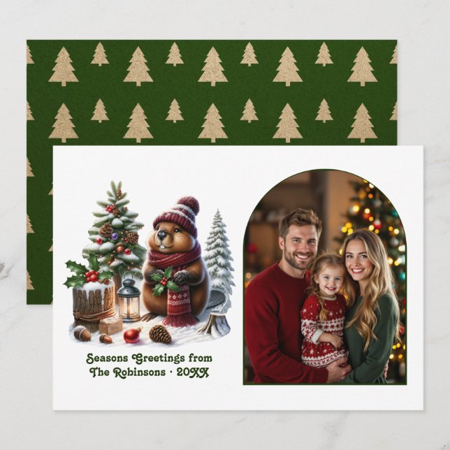 Cartes Pour Fêtes Annuelles Woodland Beaver Cozy Forest Christmas Magic Photo (Devant / Derrière)