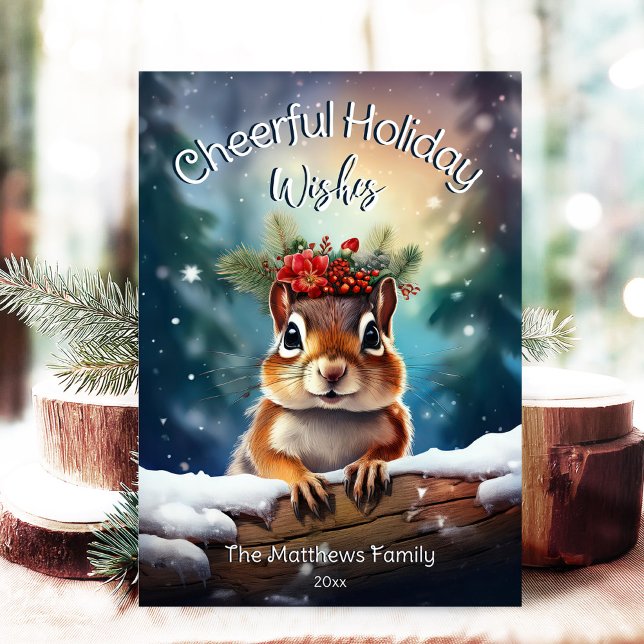 Cartes Pour Fêtes Annuelles Woodland Chipmunk Joyeux Noël Forêt rustique (Adorable Winter Snowy Scene With Peeking Dogs or Farm/Woodland Animals - Over 50 to Choose From!)