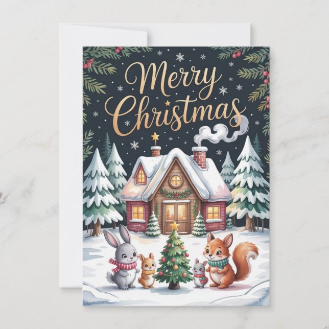 Cartes Pour Fêtes Annuelles Woodland Christmas Cabin Card (Devant)