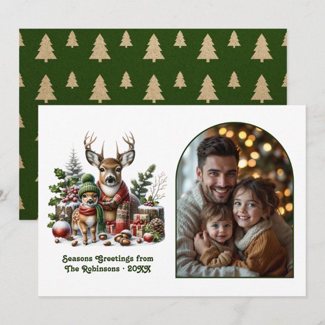 Cartes Pour Fêtes Annuelles Woodland Deer Family Cozy Forest Christmas Photo (Devant / Derrière)