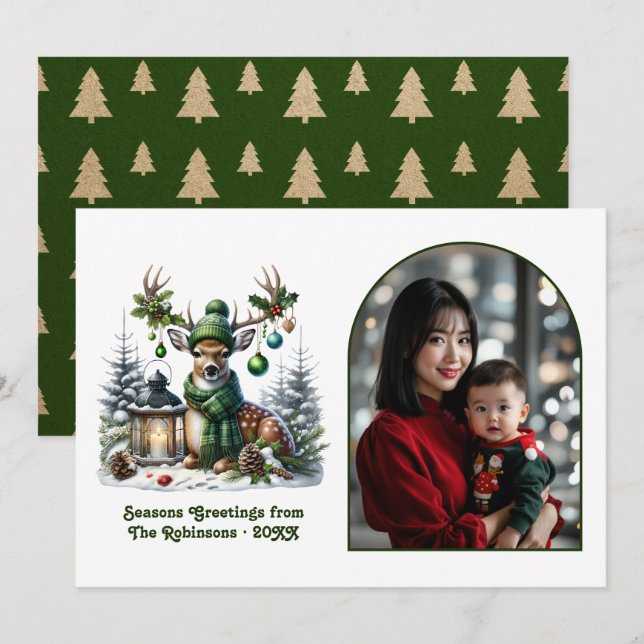 Cartes Pour Fêtes Annuelles Woodland Deer Rustic Christmas Forest Animal Photo (Devant / Derrière)
