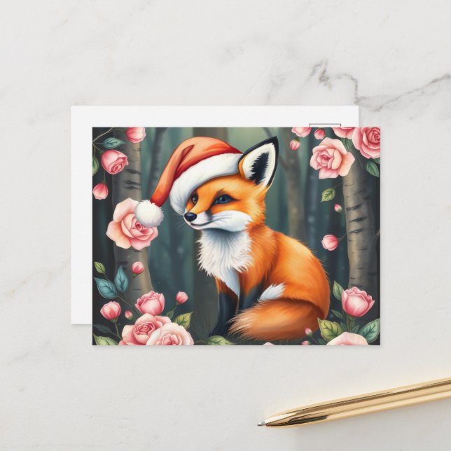 Cartes Pour Fêtes Annuelles Woodland fox in Christmas hat holiday postcard (Devant/Arrière en situation)
