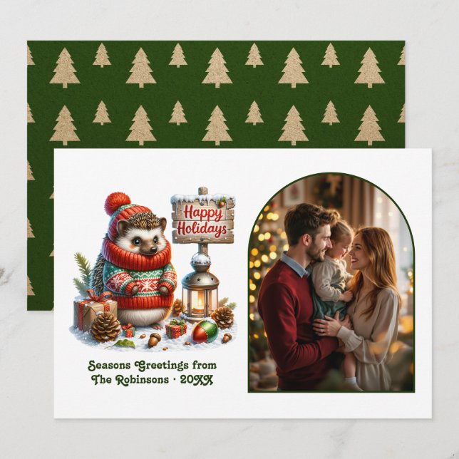 Cartes Pour Fêtes Annuelles Woodland Hedgehog Happy Holidays Cozy Forest Photo (Devant / Derrière)